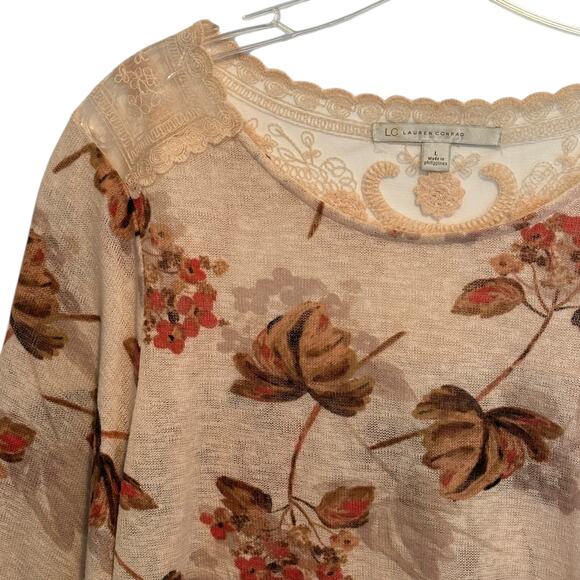 LC Lauren Conrad Floral Lightweight Sweater Womens Large Blush Lace Back - Picture 3 of 8